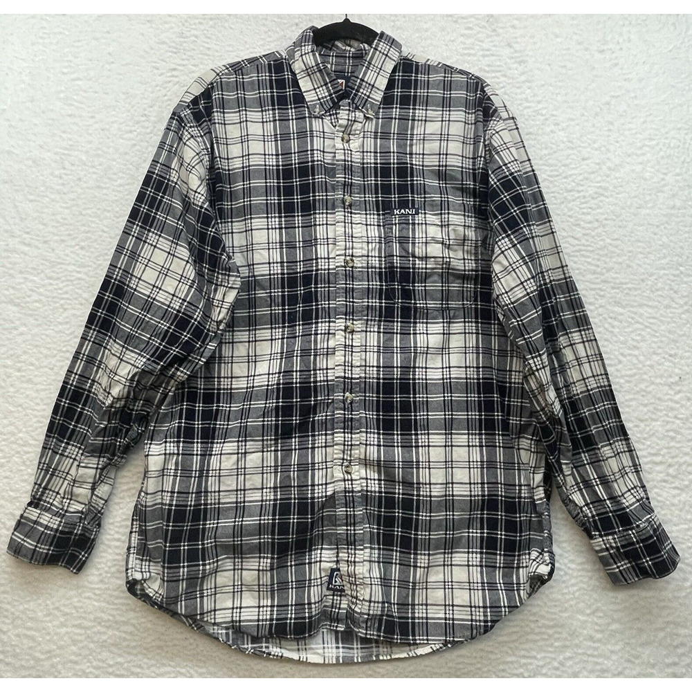 Kani Jeans Shirt Mens Medium Blue White Plaid Button Down Outdoor Pocket Hiking